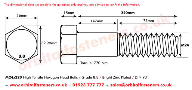 M24 x 220 Hexagon Head Bolt High Tensile Grade 8.8, Bright Zinc Plated, DIN 931