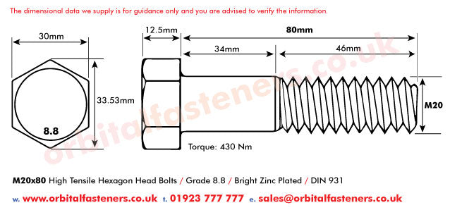 M20 x 80 Hexagon Head Bolt High Tensile Grade 8.8, Bright Zinc Plated, DIN 931