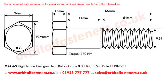 M24 x 65 Hexagon Head Bolt High Tensile Grade 8.8, Bright Zinc Plated, DIN 931