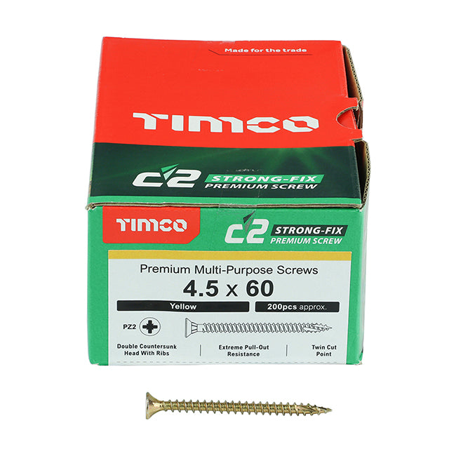 4.5 x 60 Timco C2 Strong Fix Premium Woodscrew, Countersunk Pozi Pz2, Steel Zinc / Yellow Plated 45060C2
