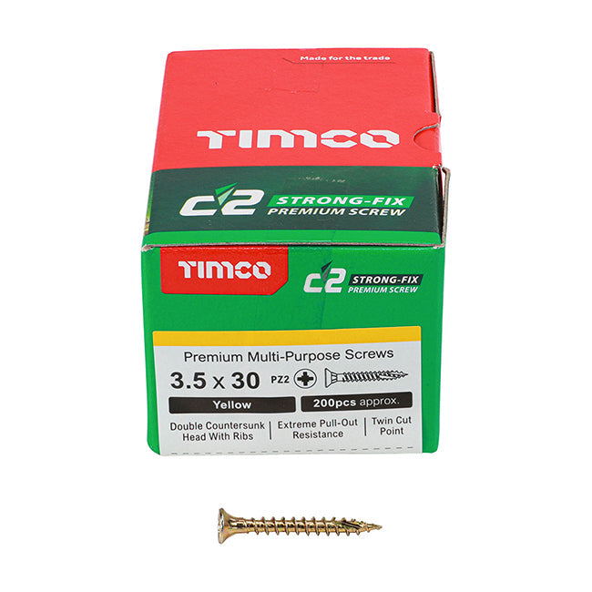 3.5 x 30 Timco C2 Strong Fix Premium Woodscrew, Countersunk Pozi Pz2, Steel Zinc / Yellow Plated 35030C2