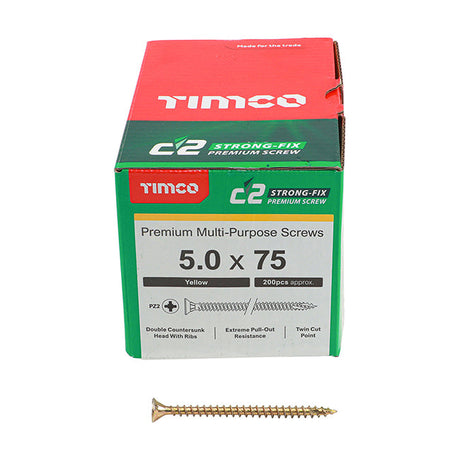 5.0 x 75 Timco C2 Strong Fix Premium Woodscrew, Countersunk Pozi Pz2, Steel Zinc / Yellow Plated 50075C2