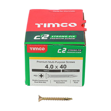4.0 x 40 Timco C2 Strong Fix Premium Woodscrew, Countersunk Pozi Pz2, Steel Zinc / Yellow Plated 40040C2