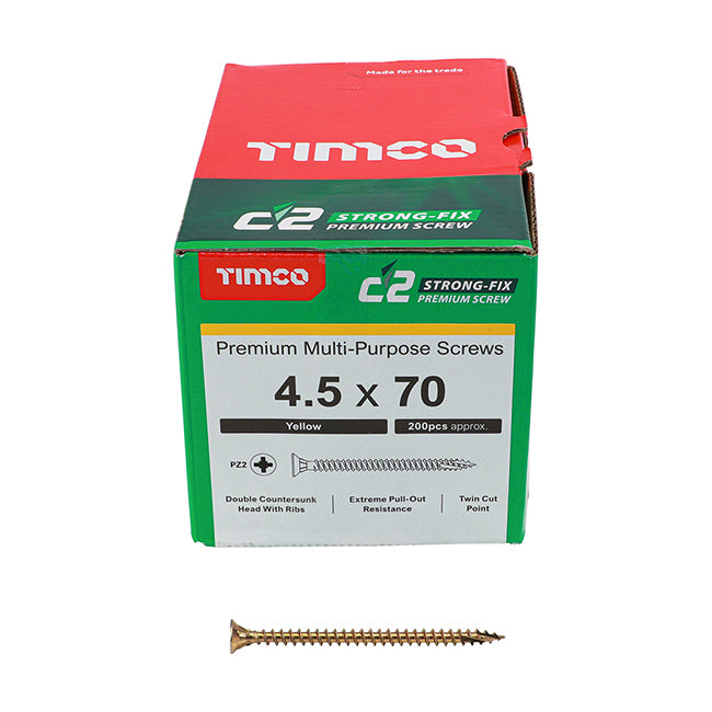 4.5 x 70 Timco C2 Strong Fix Premium Woodscrew, Countersunk Pozi Pz2, Steel Zinc / Yellow Plated 45070C2
