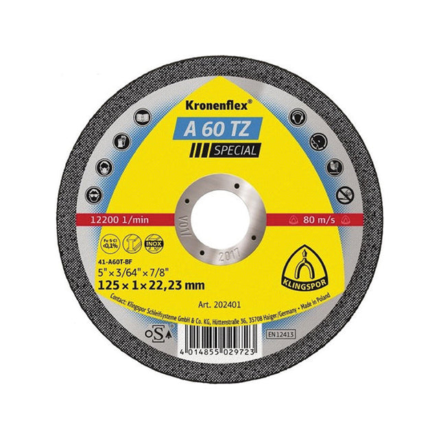 Klingspor Kronenflex 125mm x 22mm x 1.0mm Metal Cutting Disc. Premium Quality. Art. 202401