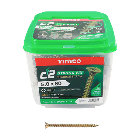 5.0 x 80 Timco C2 Strong Fix Premium Woodscrew, Countersunk Pozi, Steel Zinc / Yellow Plated (Tub of 350) 50080C2TUB