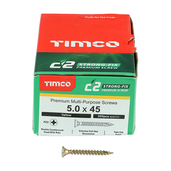 5.0 x 45 Timco C2 Strong Fix Premium Woodscrew, Countersunk Pozi Pz2, Steel Zinc / Yellow Plated 50045C2