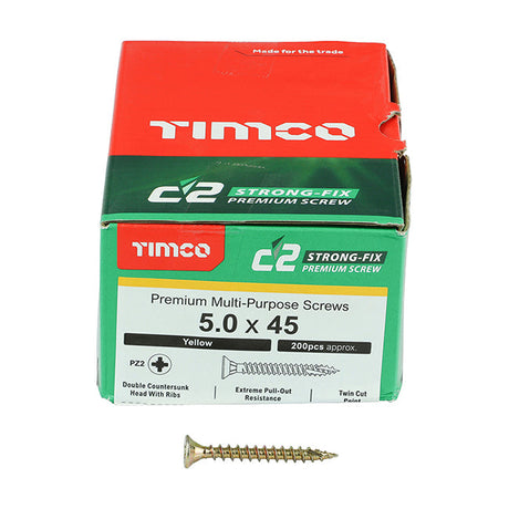 5.0 x 45 Timco C2 Strong Fix Premium Woodscrew, Countersunk Pozi Pz2, Steel Zinc / Yellow Plated 50045C2