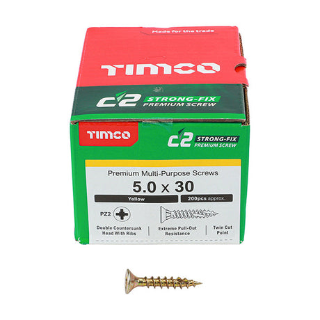 5.0 x 30 Timco C2 Strong Fix Premium Woodscrew, Countersunk Pozi Pz2, Steel Zinc / Yellow Plated 50030C2