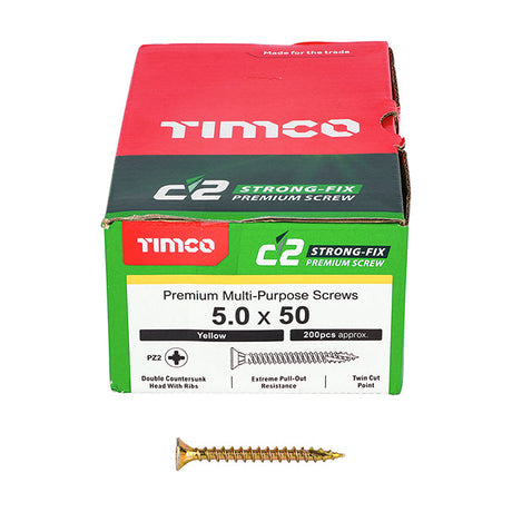 5.0 x 50 Timco C2 Strong Fix Premium Woodscrew, Countersunk Pozi Pz2, Steel Zinc / Yellow Plated 50050C2
