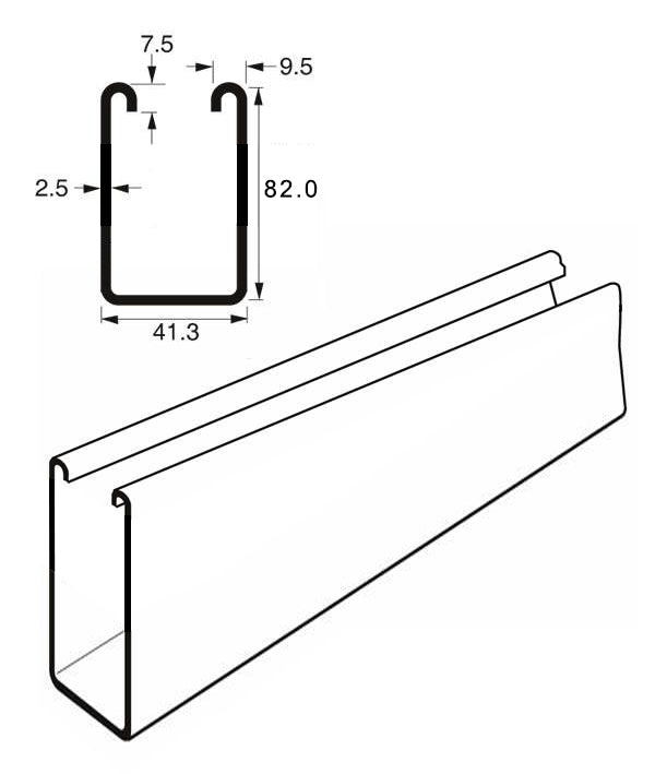 Extra Deep Plain Channel Heavy Gauge x 3 Metre, 82mm x 41mm x 2.5mm.  Pre-Galvanised. Unistrut compatible