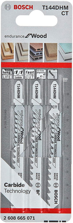 Bosch T144DHM 100mm Jigsaw Blades Wood / Plastic Carbide (Pack of 3) 2 608 665 071