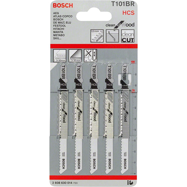 Bosch T101BR 100mm Jigsaw Blade for wood 3-30mm (Pack Of 5) P/No. 2 608 630 014