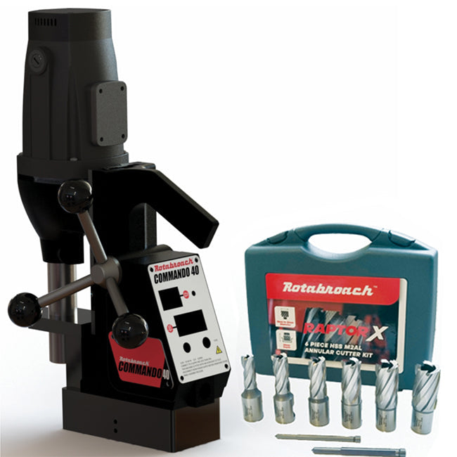 Rotabroach Commando 40/50 1100W Magnetic Drilling Machine 240V (Panther Alternative) with chuck, adaptor & free 6 piece HSS cutter set worth £60