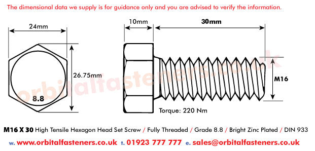 M16 x 30 Hexagon Head Set Screws High Tensile Grade 8.8 Bright Zinc Plated, DIN 933