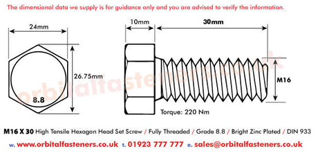 M16 x 30 Hexagon Head Set Screws High Tensile Grade 8.8 Bright Zinc Plated, DIN 933