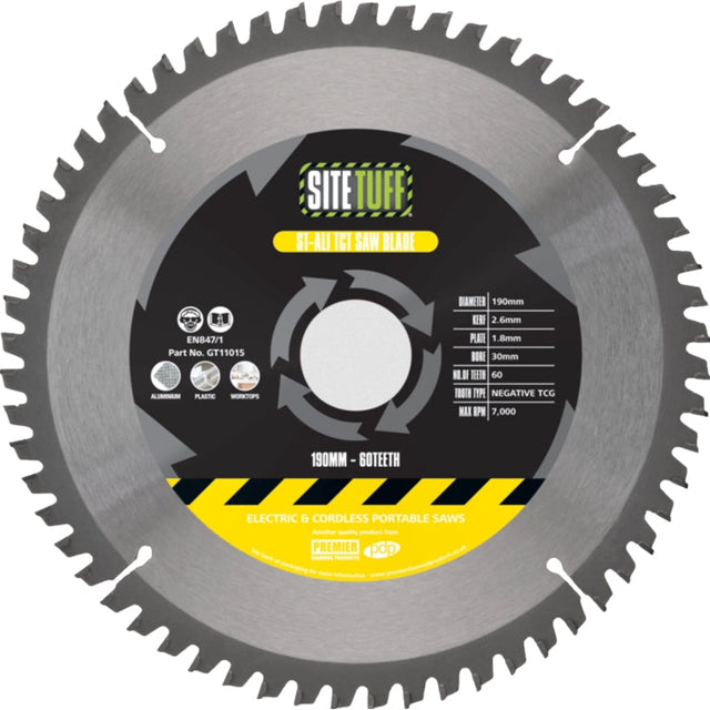 Site Tuff ST-ALI 190 x 20 x 60t TCT Aluminium Cutting Blade for Lunimium & Worktops GT11014