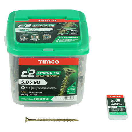 5.0 x 90 Timco C2 Strong Fix Premium Woodscrew, Countersunk Pozi, Steel Zinc / Yellow Plated (Tub of 325) 50090C2TUB