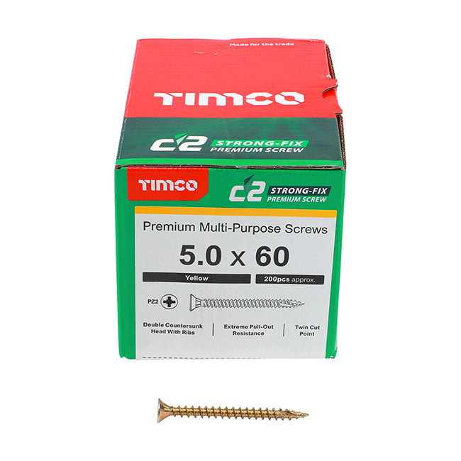 5.0 x 60 Timco C2 Strong Fix Premium Woodscrew, Countersunk Pozi Pz2, Steel Zinc / Yellow Plated 50060C2