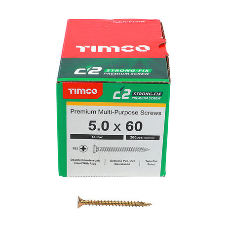 5.0 x 60 Timco C2 Strong Fix Premium Woodscrew, Countersunk Pozi Pz2, Steel Zinc / Yellow Plated 50060C2
