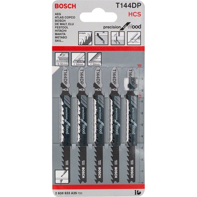 Bosch T144DP 100mm Jigsaw Blade for wood 5-50mm (Pack Of 5) P/No. 2 608 633 A35