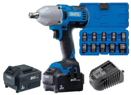 Draper 97777 D20 20V Brushless 1/2" Mid-Torque 400 Nm Impact Wrench, 2 x 3Ah Batteries + FREE 10 Piece Socket Set!
