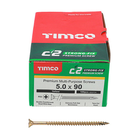 5.0 x 90 Timco C2 Strong Fix Premium Woodscrew, Countersunk Pozi Pz2, Steel Zinc / Yellow Plated 50090C2