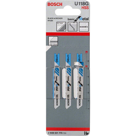 Bosch U118G 70mm Jigsaw Blade basic for metal 0.5-1.5mm (Pack of 3) P/No. 2 608 631 770
