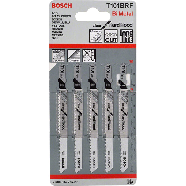 Bosch T101BRF 100mm Jigsaw Blade for wood 3-30mm (Pack Of 5) P/No. 2 608 634 235