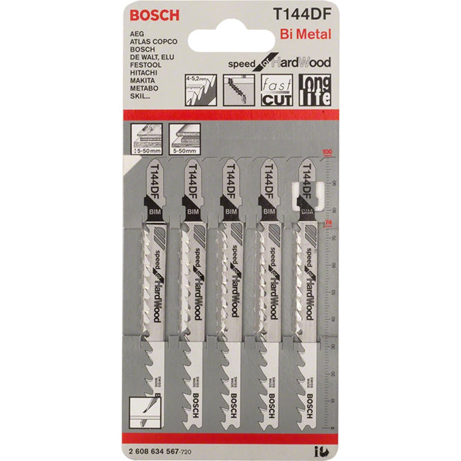 Bosch T144DF 100mm Jigsaw Blade for wood 5-50mm (Pack of 5) P/No. 2 608 634 567