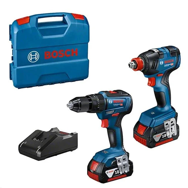 Bosch GSB 18V-55 Combi & GDX 18V-200 Impact Driver/Wrench with 2 x 5.0Ah Lion Batteries in L-Carry Case