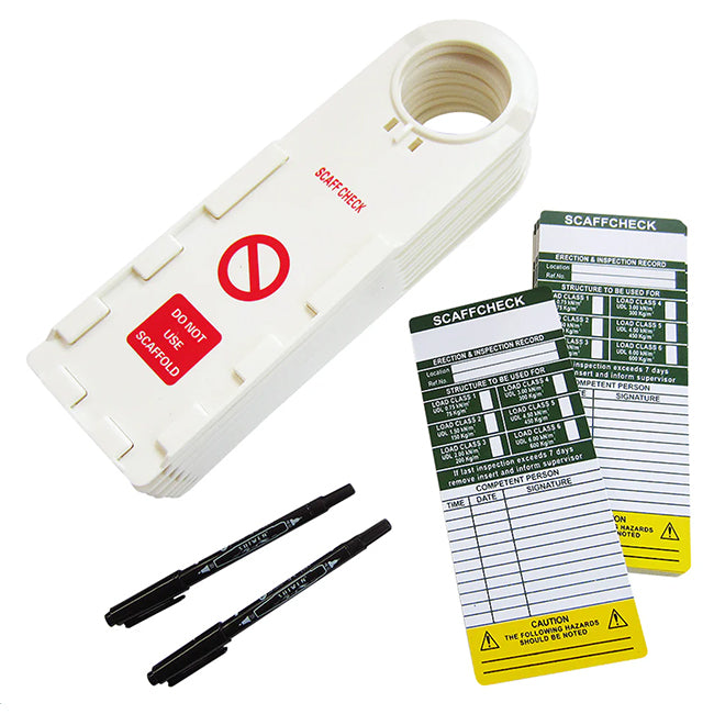 Scaffcheck Inspection Tag Kit. 10 Holders, 20 Inserts & 2 Pens