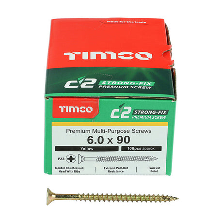 6.0 x 90 Timco C2 Strong Fix Premium Woodscrew, Countersunk Pozi Pz3, Steel Zinc / Yellow Plated 60090C2