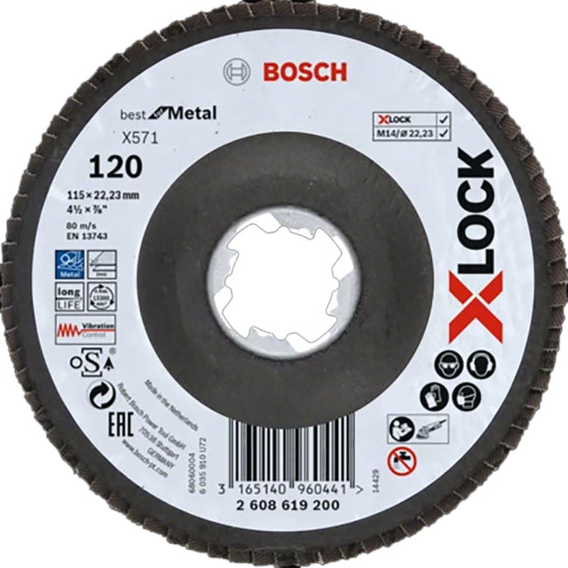 Bosch 115mm X-Lock Best for Metal 120 Grit Flap Disc, Angled Version, P/No. 2 608 619 200