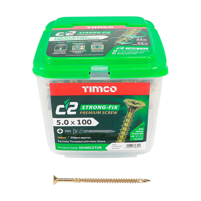 5.0 x 100 Timco C2 Strong Fix Premium Woodscrew, Countersunk Pozi, Steel Zinc / Yellow Plated (Tub of 300) 50100C2TUB