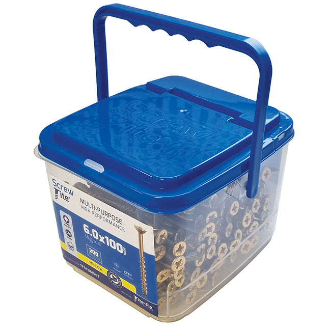 Screw-Tite 6.0 x 100mm Countersunk Pozi PZ3, All Purpose Screw, Net Coat Yellow. (Tub of 200) TFST06100T