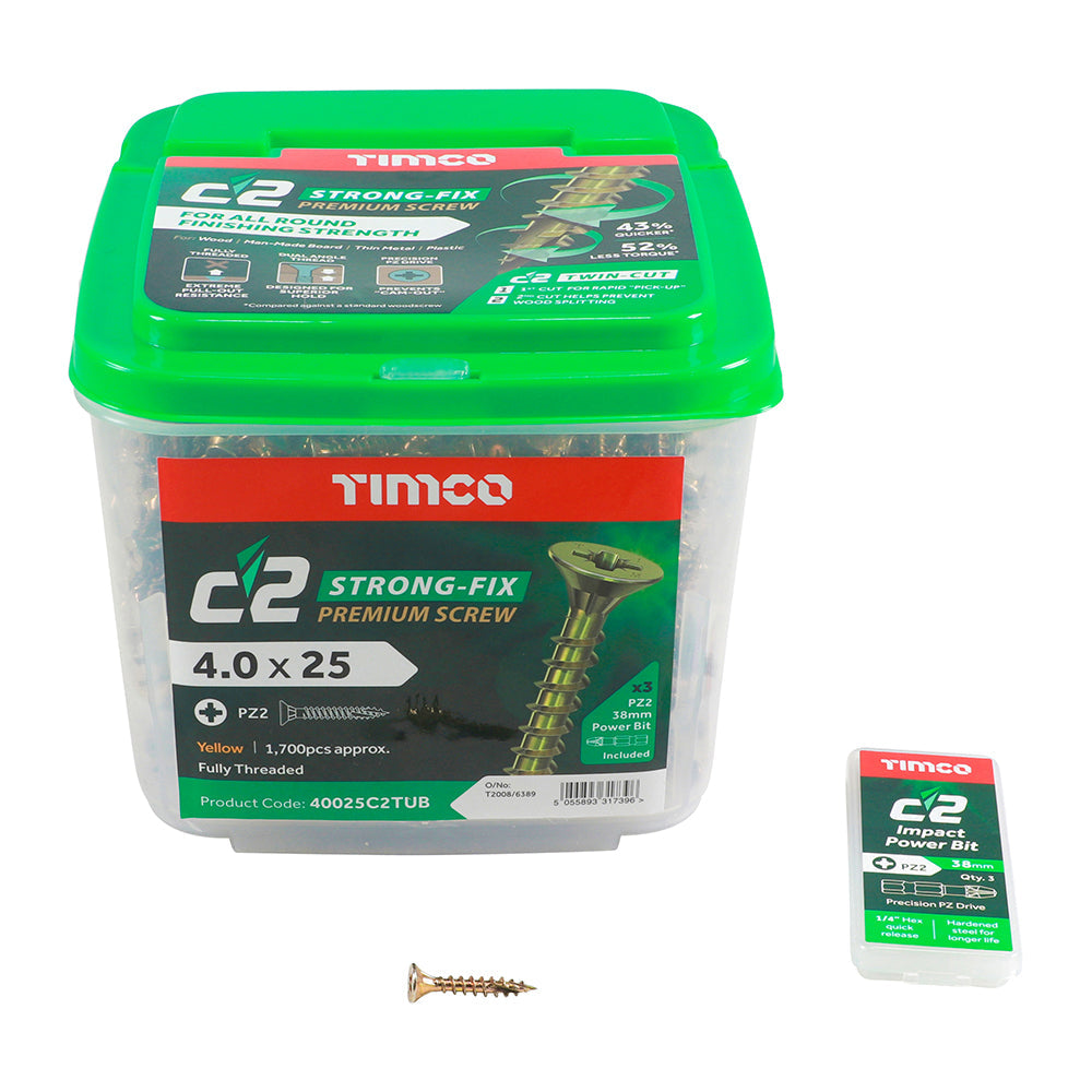 4.0 x 25 Timco C2 Strong Fix Premium Woodscrew, Countersunk Pozi, Steel Zinc / Yellow Plated (Tub of 1700) 40025C2TUB