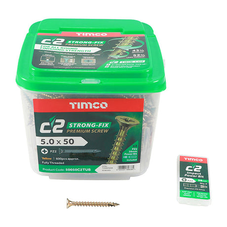 5.0 x 50 Timco C2 Strong Fix Premium Woodscrew, Countersunk Pozi, Steel Zinc / Yellow Plated (Tub of 600) 50050C2TUB