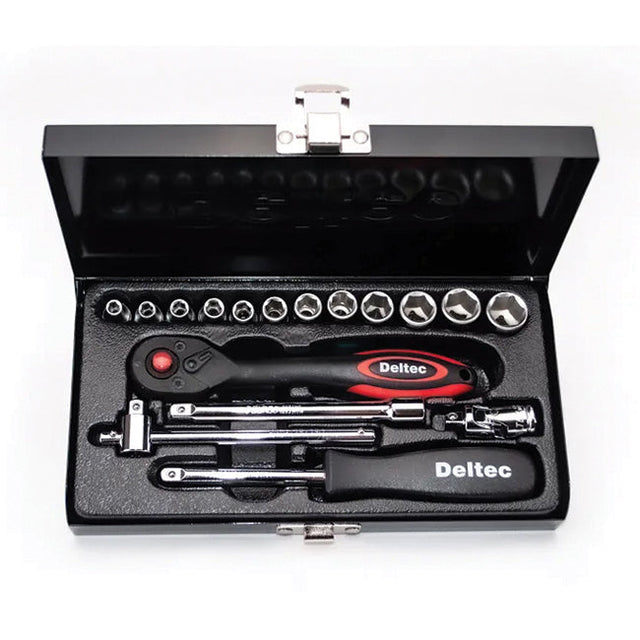 Deltec 17 Piece 1/4" Metric Chrome Socket Set in Metal Case SETGA17