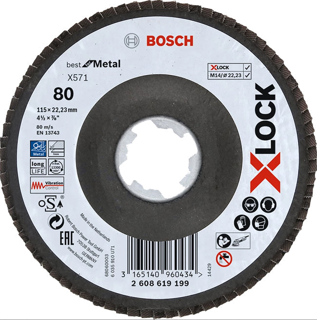 Bosch 115 x 22mm X-Lock Best For Metal 40 Grit Flap Disc, Angled Version, P/No. 2 608 619 197