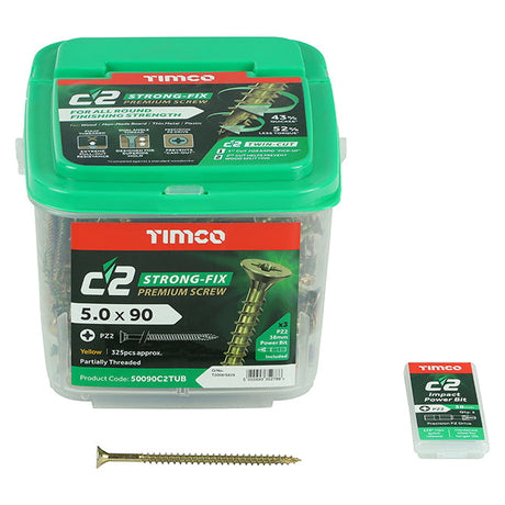 5.0 x 60 Timco C2 Strong Fix Premium Woodscrew, Countersunk Pozi, Steel Zinc / Yellow Plated (Tub of 400) 50060C2TUB