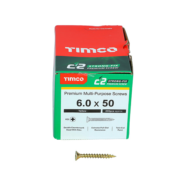 6.0 x 50 Timco C2 Strong Fix Premium Woodscrew, Countersunk Pozi Pz3, Steel Zinc / Yellow Plated 60050C2