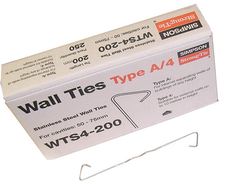 Simpson 200mm Wall Tie 50-75mm Light Duty Type 4 (Box of 250) Stainless Steel WTS4-200