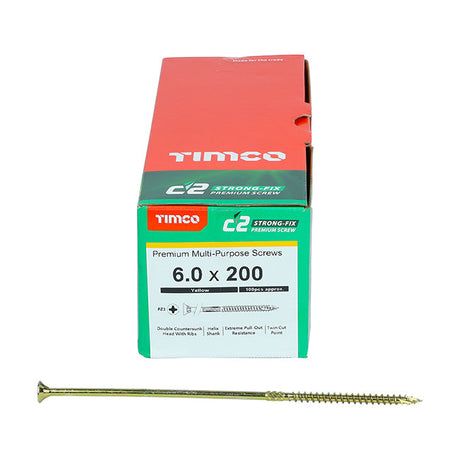 6.0 x 200 Timco C2 Strong Fix Premium Woodscrew, Countersunk Pozi Pz3, Steel Zinc / Yellow Plated 60200C2