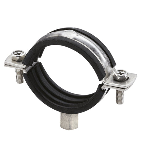 60-64mm Two Piece Rubber Lined Pipe Clamp, Stainless Steel 316 A4, Boss Threaded both M8 & M10