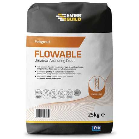 Everbuild Febgrout Flowable Universal Anchoring Grout, One 25KG bag yields 13 Litres of grout, Grey