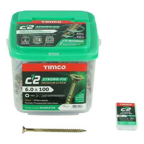 6.0 x 100 Timco C2 Strong Fix Premium Woodscrew, Countersunk Pozi, Steel Zinc / Yellow Plated (Tub of 225) 60100C2TUB