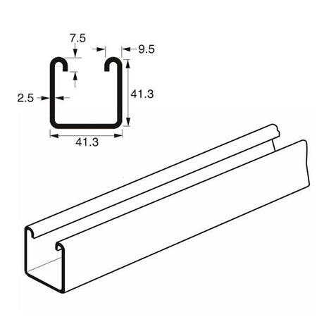 Deep Plain Channel Heavy Gauge x 6 Metre, 41mm x 41mm x 2.5mm. Mild steel pre-galvanised. Unistrut compatible P1000X6 SC400/6M
