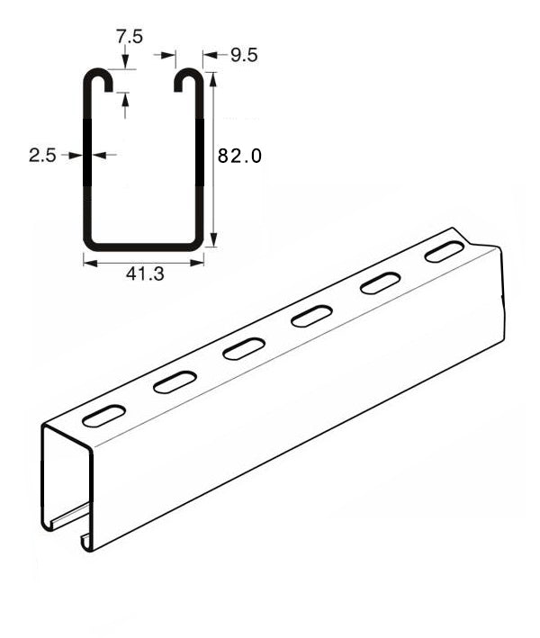 Extra Deep Slotted Channel Heavy Gauge x 6 Metre, 82mm x 41mm x 2.5mm.  Pre-Galvanised. Unistrut compatible