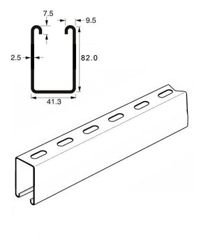 Extra Deep Slotted Channel Heavy Gauge x 6 Metre, 82mm x 41mm x 2.5mm.  Pre-Galvanised. Unistrut compatible